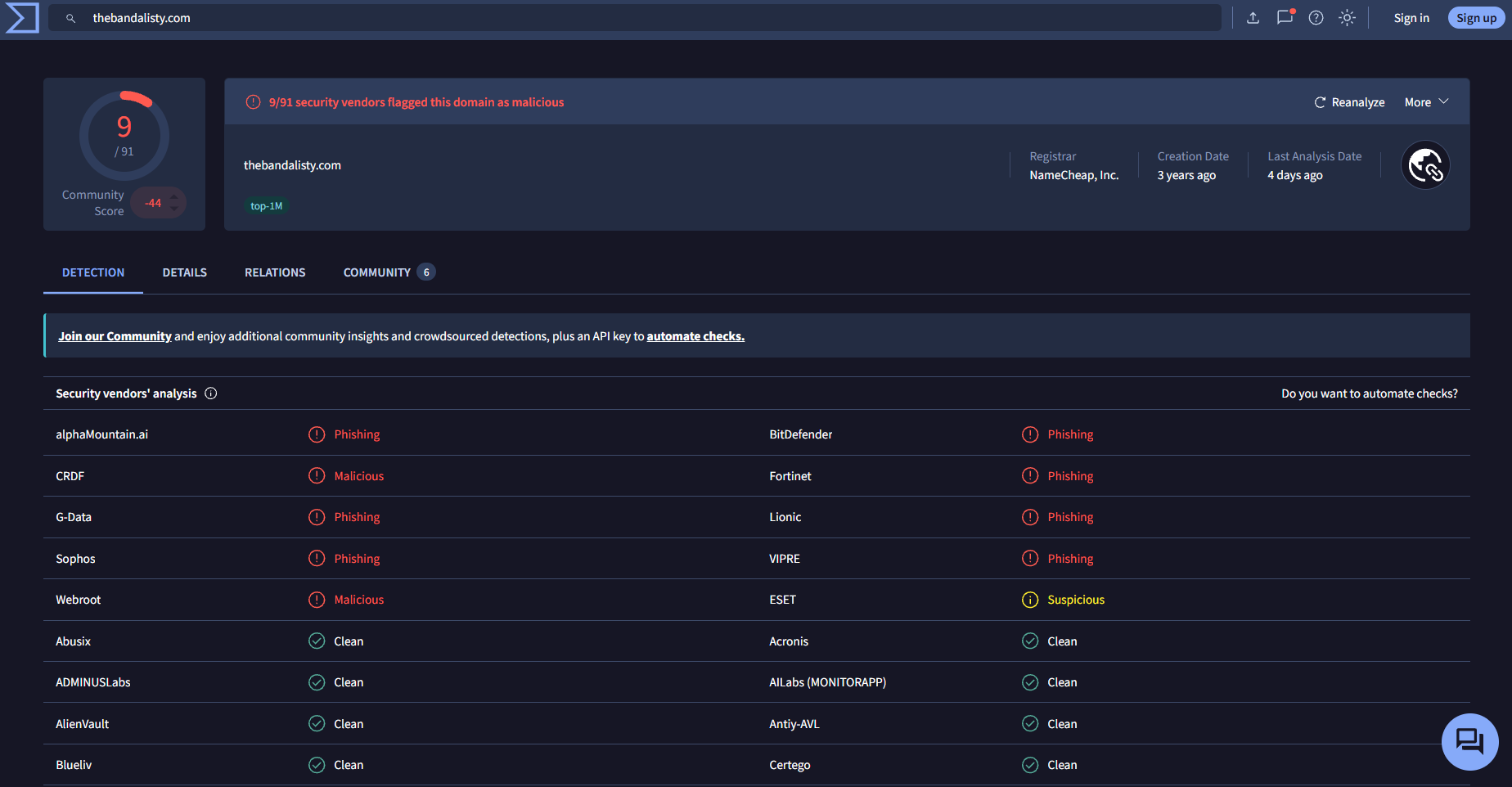 VirusTotal results for the image domain: 9 of 91 vendors flagged it.
