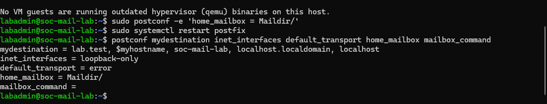 The lab terminal showing Postfix loopback-only delivery and the Maildir configuration.