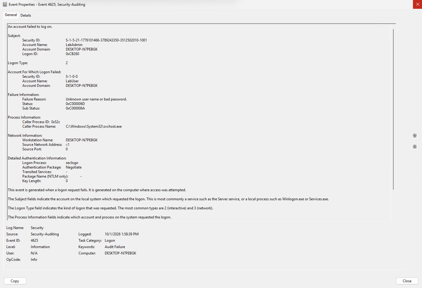 Windows Security event 4625: a failed logon with an incorrect password.