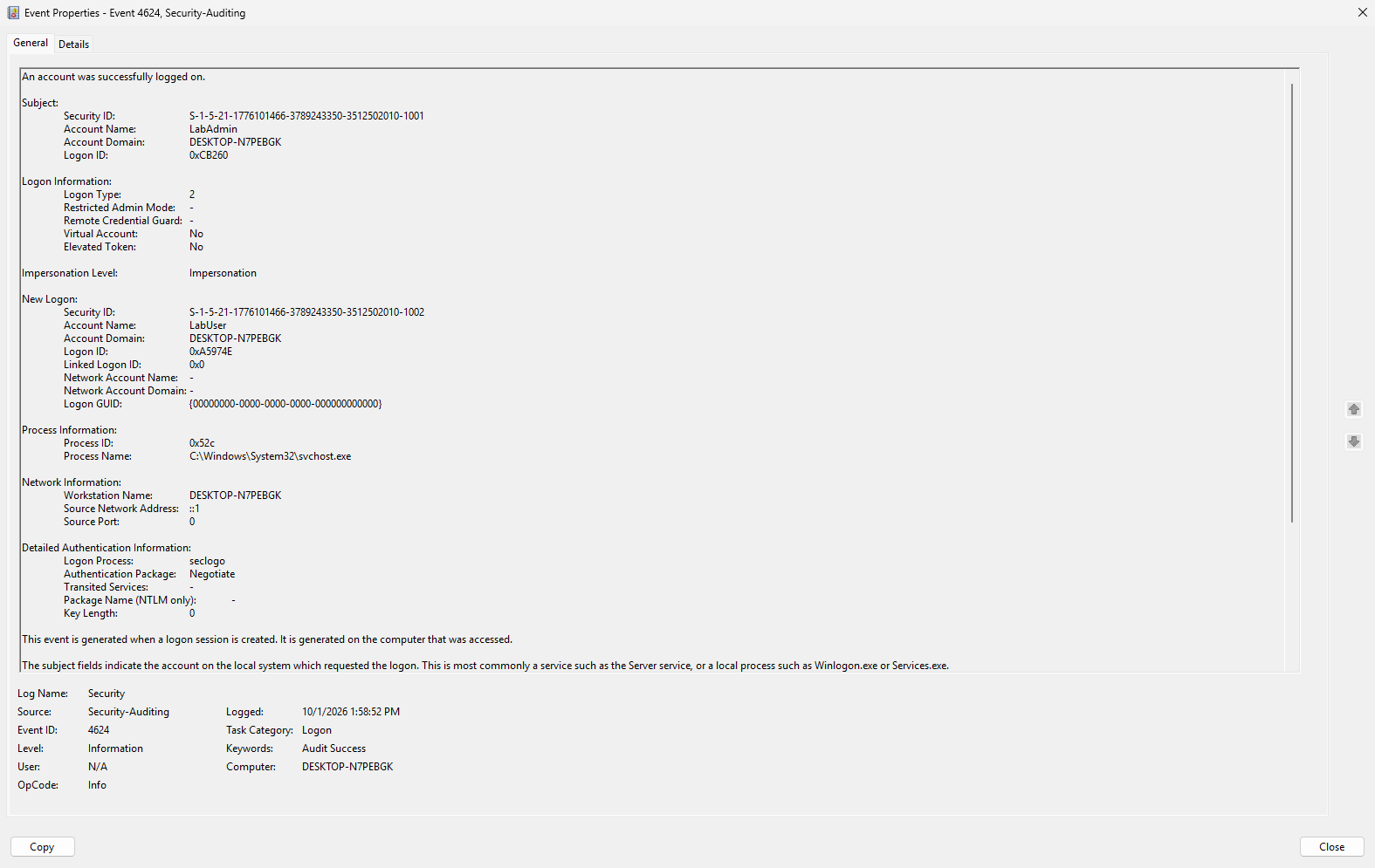 Windows Security event 4624: a successful logon.