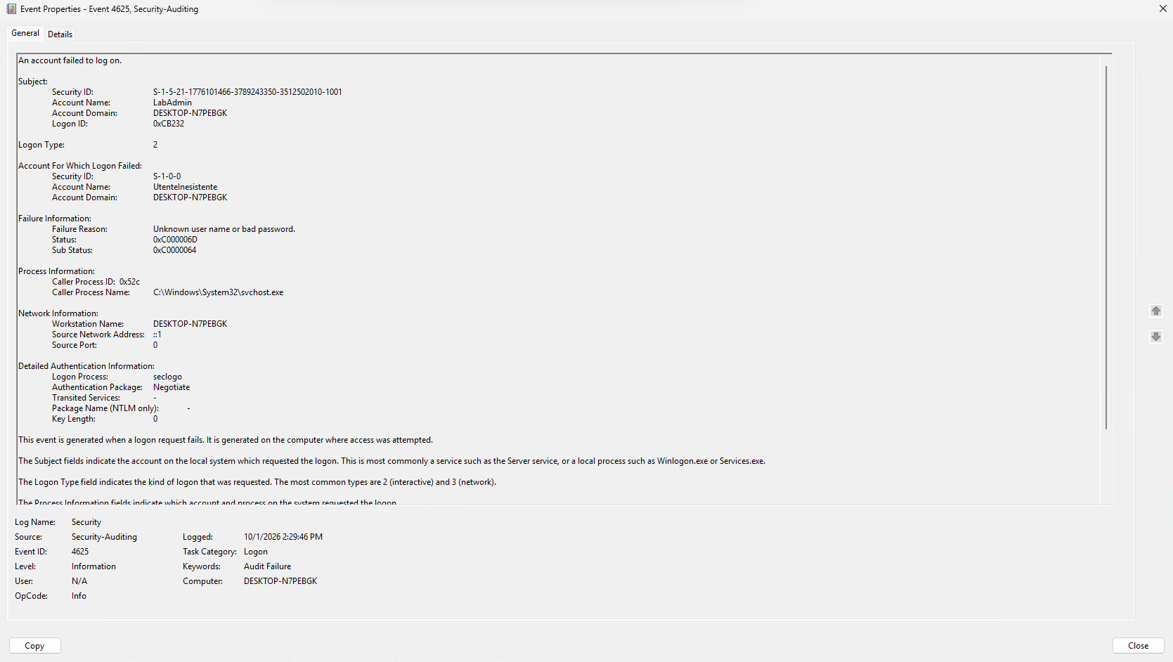 Windows Security event 4625: a failed logon with an unknown username.
